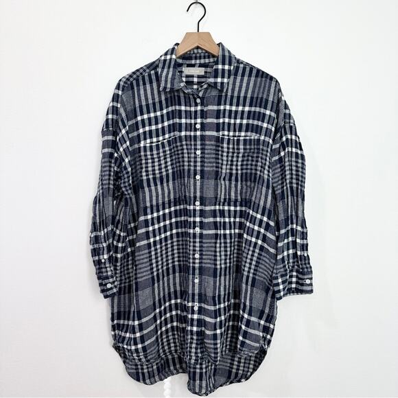 Everlane The Way-Long Linen Shirt Blue Plaid size Large Preppy - Picture 1 of 8